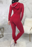 Burgundy Casual Solid Patchwork Hooded Collar Skinny Jumpsuits