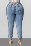 Calça jeans skinny azul bebê moda casual bandagem sólida cintura média