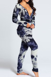 Donkerbruine casual print patchwork knopen V-hals skinny jumpsuits