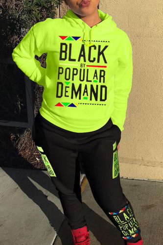 Fluorescent Green Casual Letter Print Hooded Collar Long Sleeve Sweatshirt And Pants Sportwear Two Pieces Jogger Set