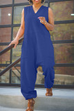 Blue Fashion Casual Solid Basic V Neck Regular Jumpsuits