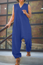 Blue Fashion Casual Solid Basic V Neck Regular Jumpsuits