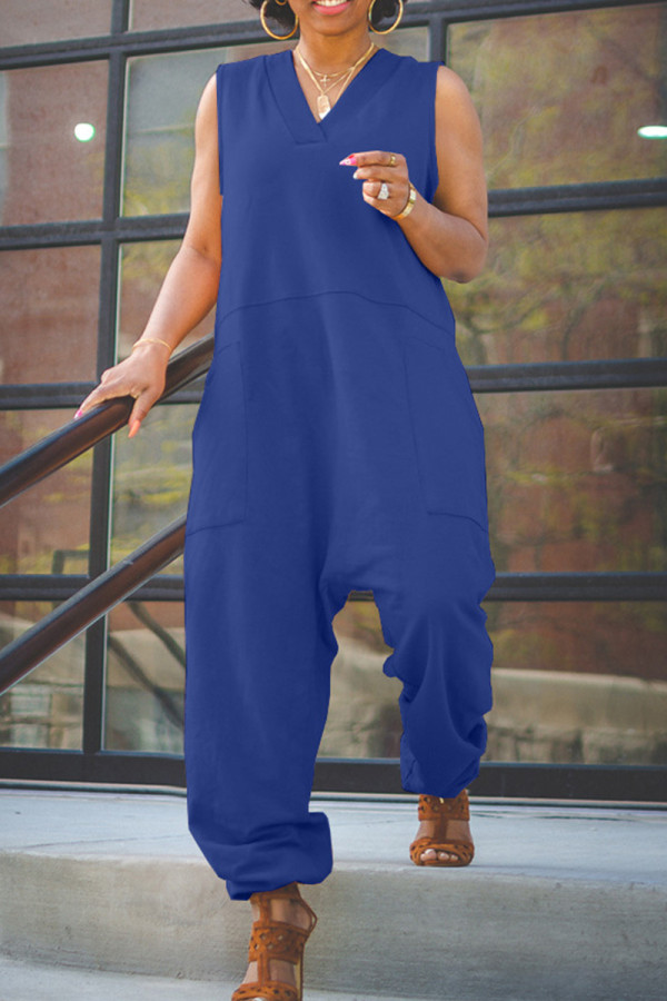 Macacão azul fashion casual básico sólido com decote em V