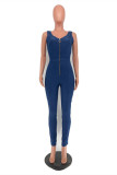 Blue Fashion Casual Solid Zipper V Neck Regular Jumpsuits