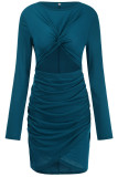 Blå Sexig Casual Solid urholkad O-hals långärmade klänningar