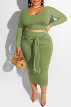 Фруктовый зеленый модный повседневный сплошной бинт с круглым вырезом плюс размер из двух частей