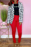 Red Fashion Casual Plaid Print Cardigan Turndown Collar Outerwear