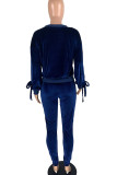 Blue Casual Solid Patchwork Frenulum With Bow O Neck Long Sleeve Two Pieces