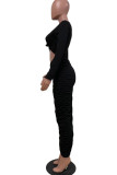 Zwarte mode casual effen uitgeholde vouw O-hals jurken met lange mouwen