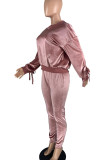 Frenillo de patchwork sólido casual rosa con lazo O cuello manga larga dos piezas