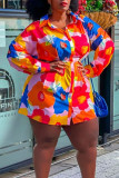 Multicolor casual estampado patchwork fivela turndown colarinho camisa vestido vestidos plus size