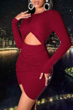 Blue Sexy Casual Solid Hollowed Out O Neck Long Sleeve Dresses