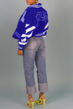 Blaue Patchwork-Oberbekleidung mit Stehkragen und Sportswear-Print