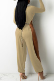Khaki Sexy Solid Hollowed Out Patchwork Slit O Neck Straight Jumpsuits(Without Belt)