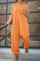 オレンジファッションカジュアルソリッドベーシックVネックレギュラージャンプスーツ