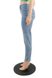Babyblått Mode Casual Solid Bandage Skinny Jeans med mitten av midjan