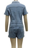 Baby Blue Casual Solid Patchwork Turndown Collar Short Sleeve Skinny Denim Jumpsuits