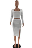 White Fashion Sexy Solid Patchwork Slit Square Collar Long Sleeve Two Pieces