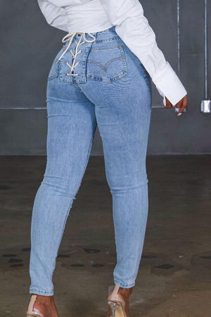 Baby Blue Fashion Mid Waist Bandage Skinny Denim Jeans