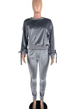 Grey Casual Solid Patchwork Frenulum With Bow O Neck Long Sleeve Two Pieces