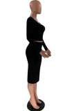 Black Fashion Sexy Solid Patchwork Slit Square Collar Long Sleeve Two Pieces