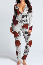 Dark Brown Casual Print Patchwork Buttons V Neck Skinny Jumpsuits