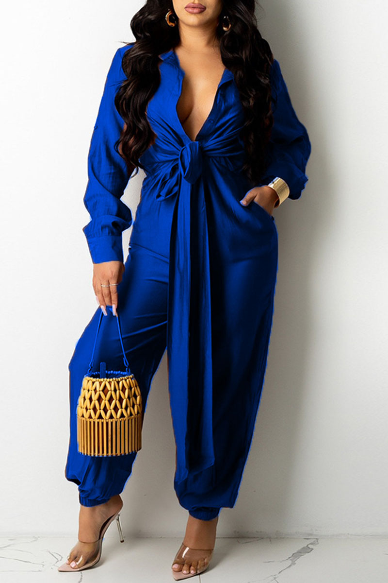 

Blue Fashion Casual Solid Split Joint Turndown Collar Jumpsuits