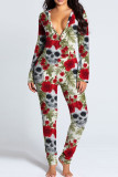 Donkerbruine casual print patchwork knopen V-hals skinny jumpsuits
