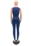 Blue Fashion Casual Solid Zipper V Neck Regular Jumpsuits