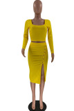 Yellow Fashion Sexy Solid Patchwork Slit Square Collar Long Sleeve Two Pieces
