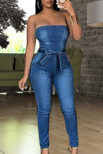 Dark Blue Fashion Casual Solid Backless Strapless Skinny Jumpsuits