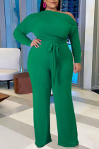 Green Casual Solid Patchwork Oblique Collar Plus Size Two Pieces(Contain The Belt)