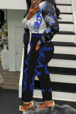Синий Модный повседневный принт с отложным воротником и длинным рукавом из двух частей