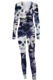 Marineblauwe casual print patchwork knopen V-hals skinny jumpsuits