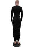 Zwarte mode casual effen uitgeholde vouw O-hals jurken met lange mouwen