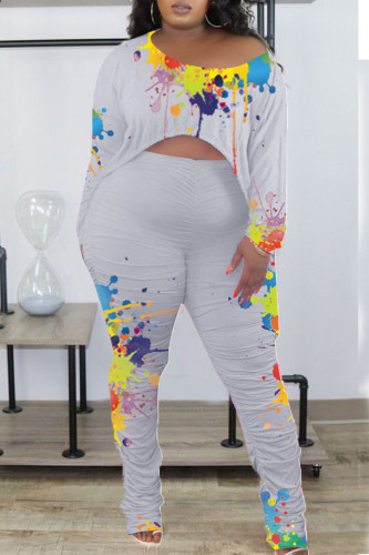 Grey Casual Print Patchwork Fold Asymmetrical O Neck Long Sleeve Two Pieces