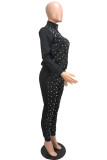 Black Fashion Casual Solid Beading Zipper Collar Long Sleeve Two Pieces