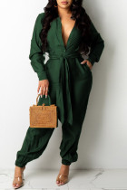 Green Fashion Casual Solid Patchwork Turndown Collar Jumpsuits