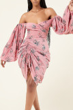 Roze sexy print patchwork trekkoord vouw asymmetrische V-hals bedrukte jurkjurken