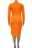 Tangerine Red Casual Solid Patchwork Slit Half A Turtleneck One Step Skirt Plus Size Dresses