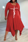 Vestido vermelho casual estampado patchwork com decote em O irregular vestidos plus size