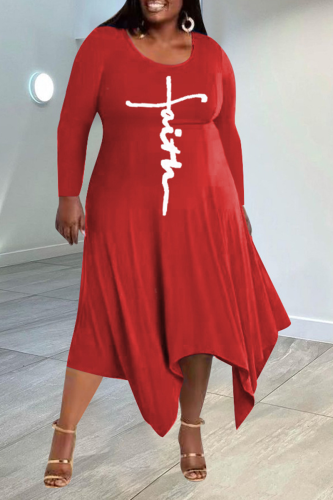 Robe irrégulière rouge décontractée à imprimé patchwork, col rond, robes de grande taille