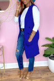 Синий модный повседневный однотонный кардиган с отложным воротником и верхней одеждой