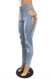 Babyblaue, modische, lässige, feste, zerrissene Bandage, ausgehöhlte Jeans mit hoher Taille