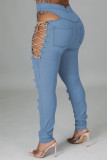 Pantalones vaqueros de cintura alta ahuecados de vendaje rasgado sólido informal de moda azul bebé