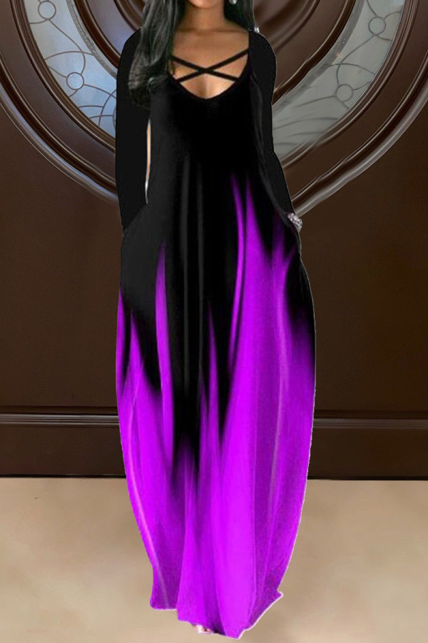 Пурпурные повседневные платья с длинным рукавом и V-образным вырезом в стиле пэчворк с принтом