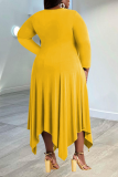 Желтое повседневное лоскутное платье с круглым вырезом и нестандартным принтом Платья больших размеров