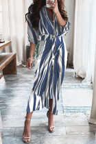 Blue White Fashion Casual Patchwork With Belt V Neck Long Sleeve Dresses