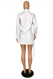 ホワイト ファッション カジュアル ソリッド バンデージ ドロー ストリング ターンダウン カラー ロング スリーブ ドレス