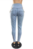 Baby Blue Fashion Casual Solid Ripped Bandage Hollowed Out High Waist Jeans